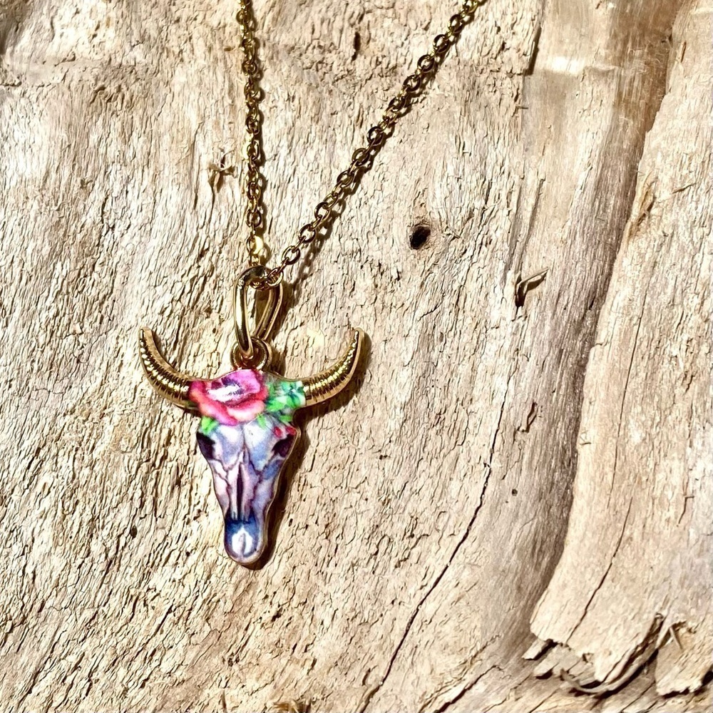 Horn/floral skull candy boho rustic gold necklace southwestern equestrian vibe